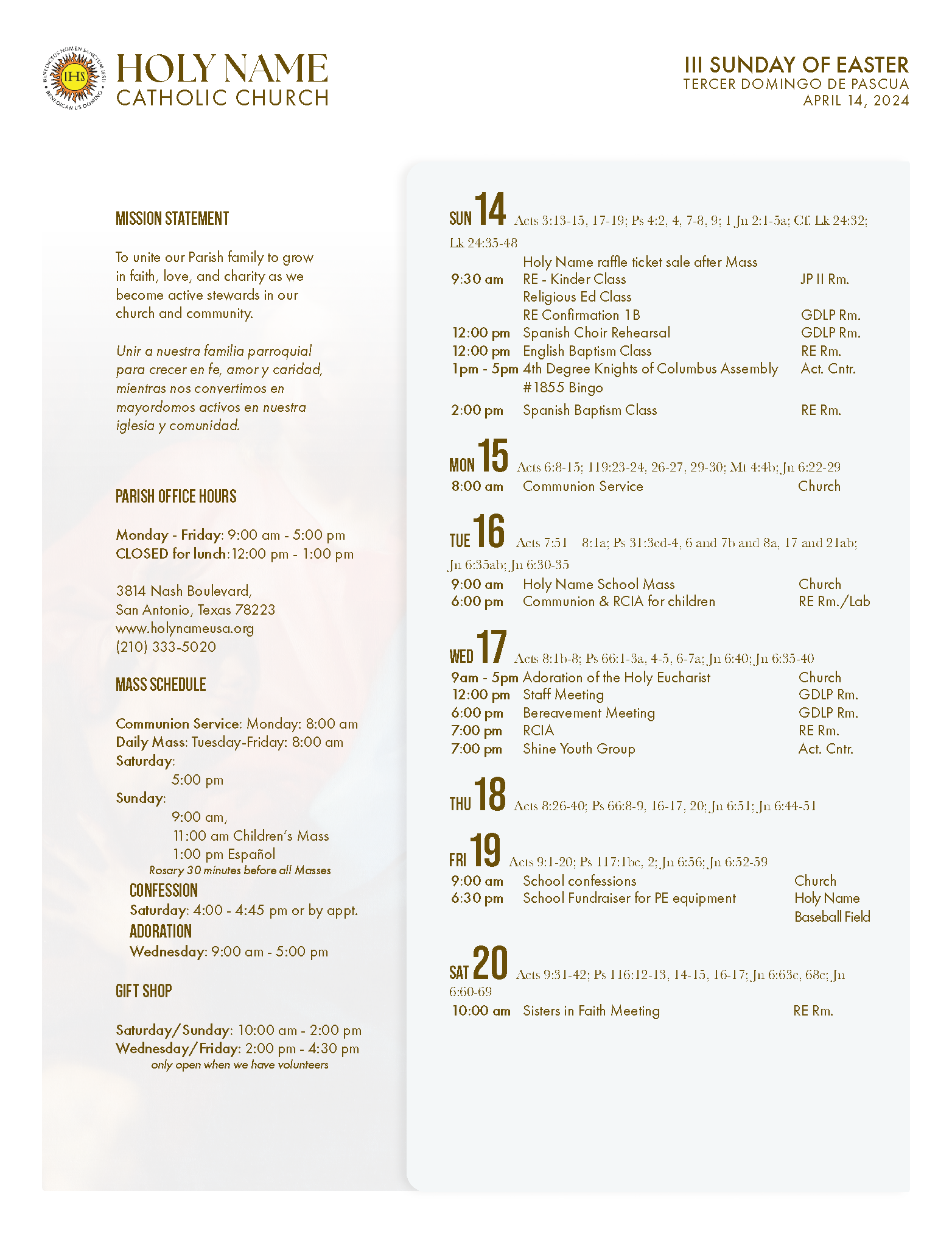 Holy Name Catholic Church bulletin cover